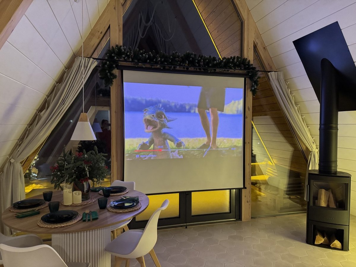 Домашний кинотеатр в A-frame: проектор с мультфильмом, обеденный стол, чёрная дровяная печь